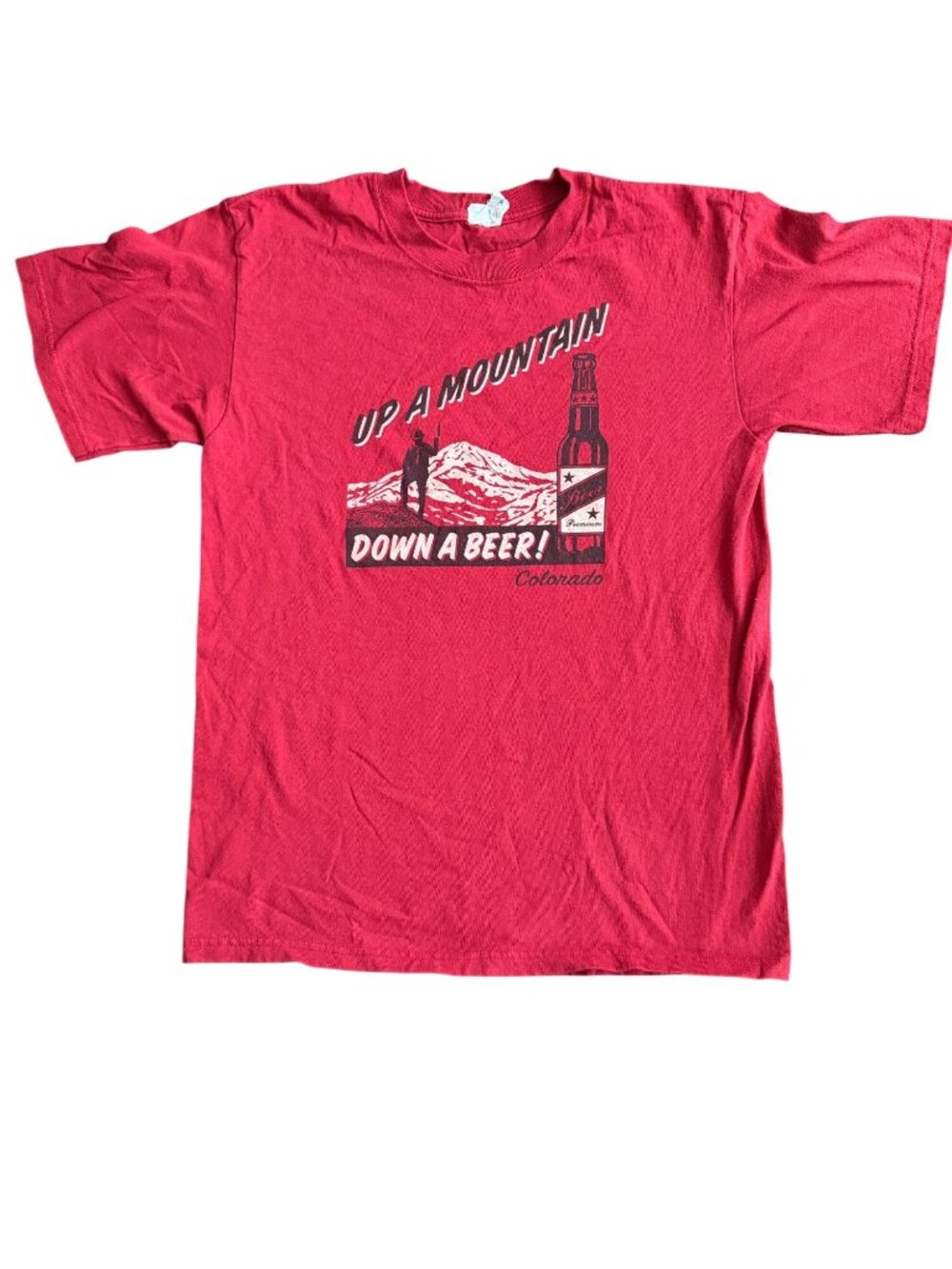 Vintage Up A Mountain Down A Beer Colorado Red Graphic T-Shirt M
